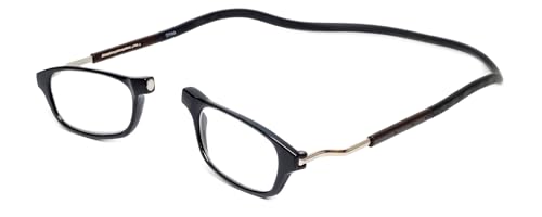 Calabria Unisex Oval Snap Magnetic Reading Glasses with Clear Lenses Gloss Black Silver Pull Apart Glasses with Magnetic Bridge Wrap Around Eyeglasses Eyewear 200 - Image 1
