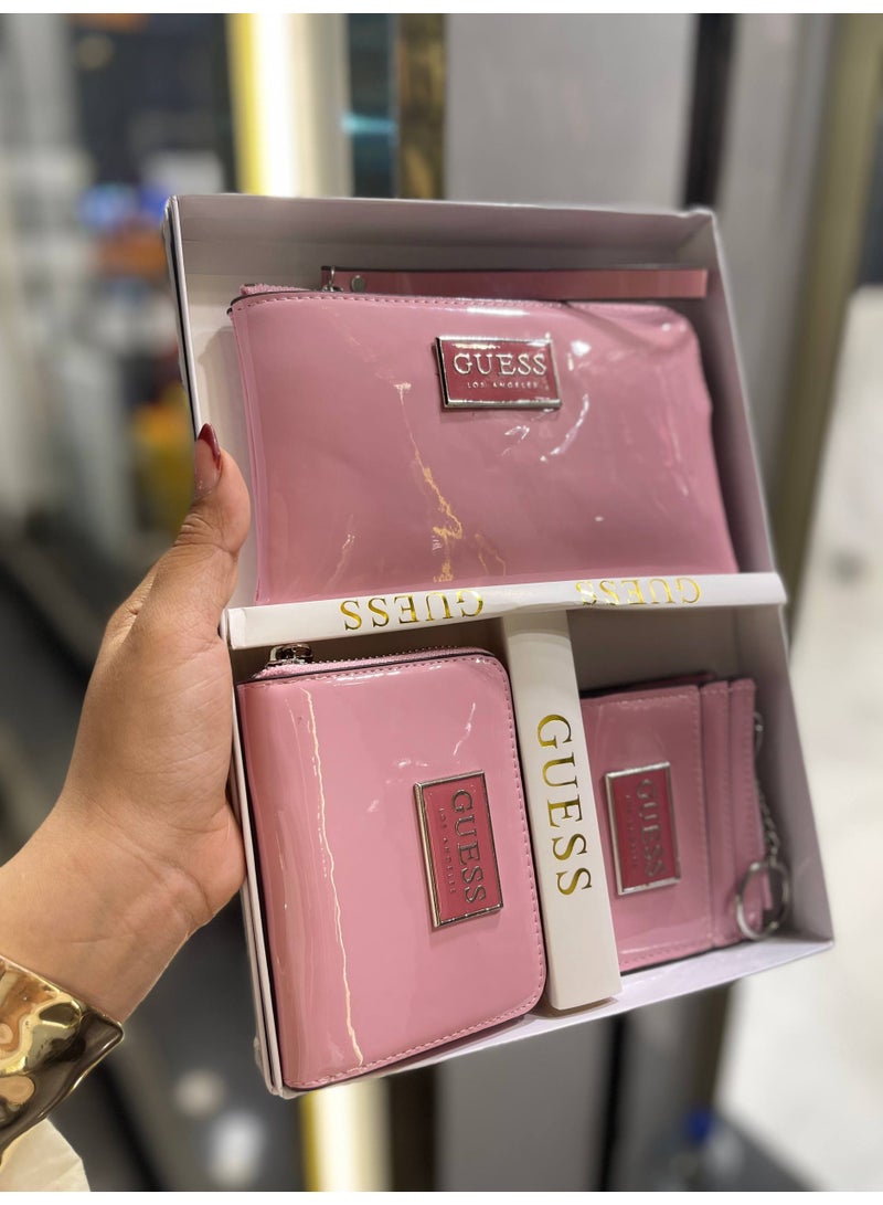 GUESS Los Angeles 3-Piece Patent Leather Gift Set - Includes Marble Print Wristlet, Zip Wallet, and Card Holder - Pink - Image 2