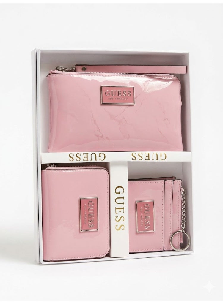 GUESS Los Angeles 3-Piece Patent Leather Gift Set - Includes Marble Print Wristlet, Zip Wallet, and Card Holder - Pink - Image 1