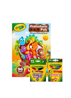 Colorful Creations Trio Bundle 96 Page Prehistoric Pals Coloring Book 12 Colored Pencils, 24 Crayons