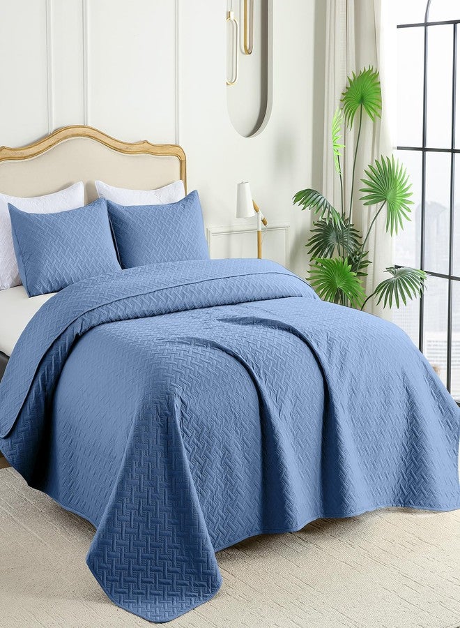 FLYMME King Size Quilt Bedding Set Bluish Grey Lightweight Bedspreads for Summer,Modern Style Geometric Weave Stripe Pattern,Soft Microfiber Bed Coverlet 3 Pieces (1 Quilt, 2 Shams) - Image 2