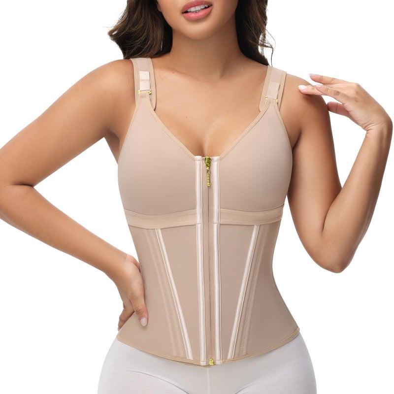 SHAPSHE Waist Trainer Corset for Women Tummy Control Sport Workout Body Shaper Vest for Postpartum Gym Zipper and Hooks Tan 3XL - Image 2