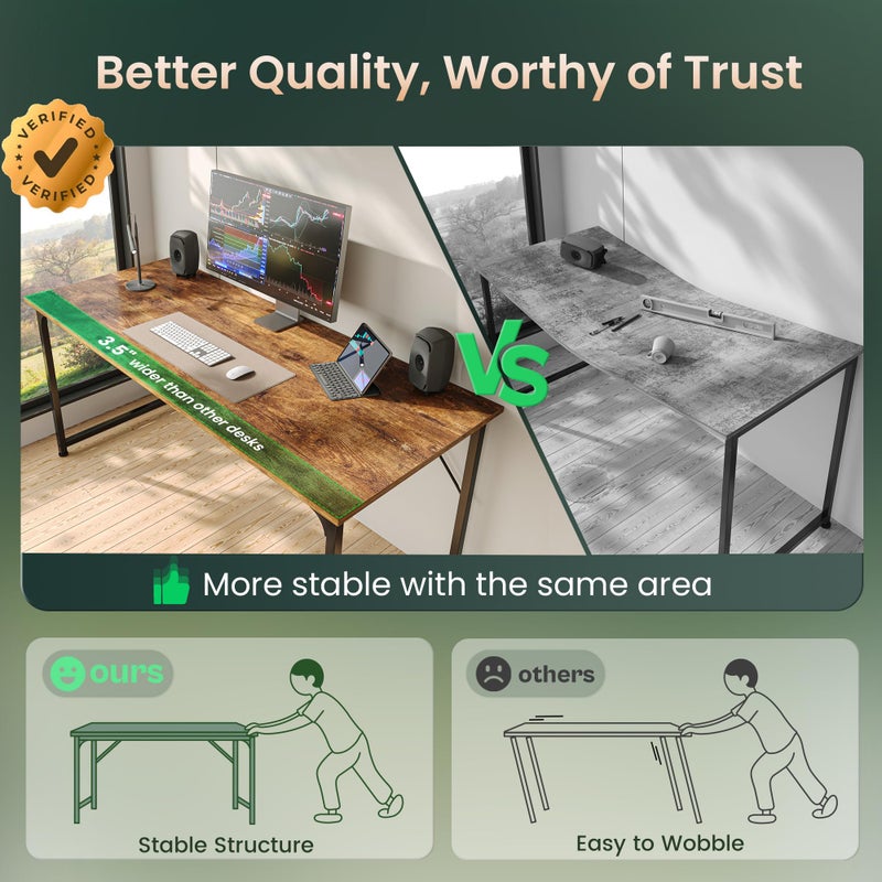 Huuger Computer Desk, 55 Inch Home Office Desk, Gaming Writing Work from Home Study Desk, Large Legroom, Sturdy Metal Frame, Modern Simple, Rustic Brown - Image 3