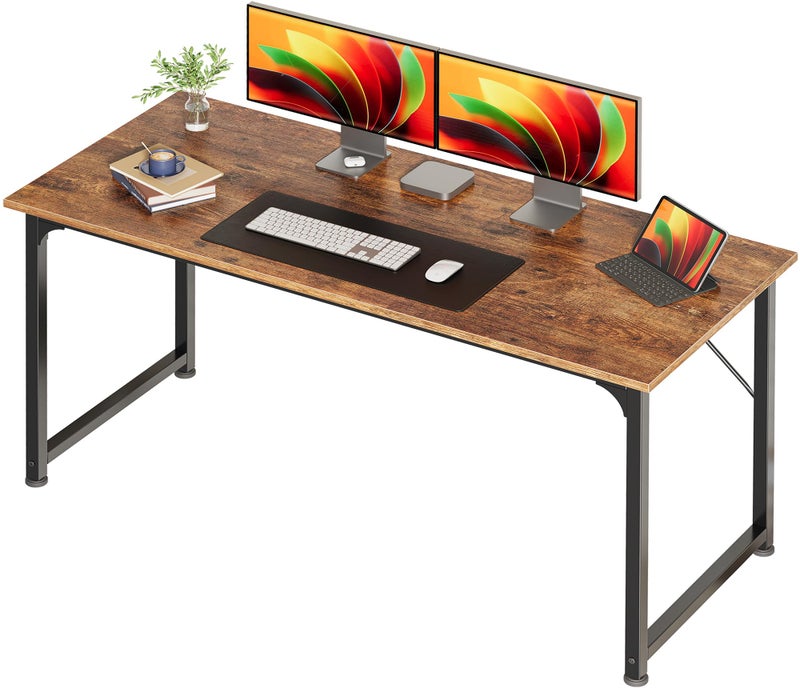 Huuger Computer Desk, 55 Inch Home Office Desk, Gaming Writing Work from Home Study Desk, Large Legroom, Sturdy Metal Frame, Modern Simple, Rustic Brown - Image 1