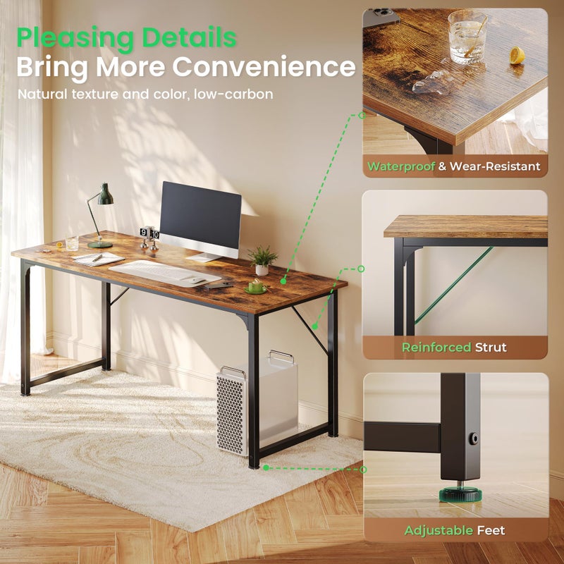 Huuger Computer Desk, 55 Inch Home Office Desk, Gaming Writing Work from Home Study Desk, Large Legroom, Sturdy Metal Frame, Modern Simple, Rustic Brown - Image 4