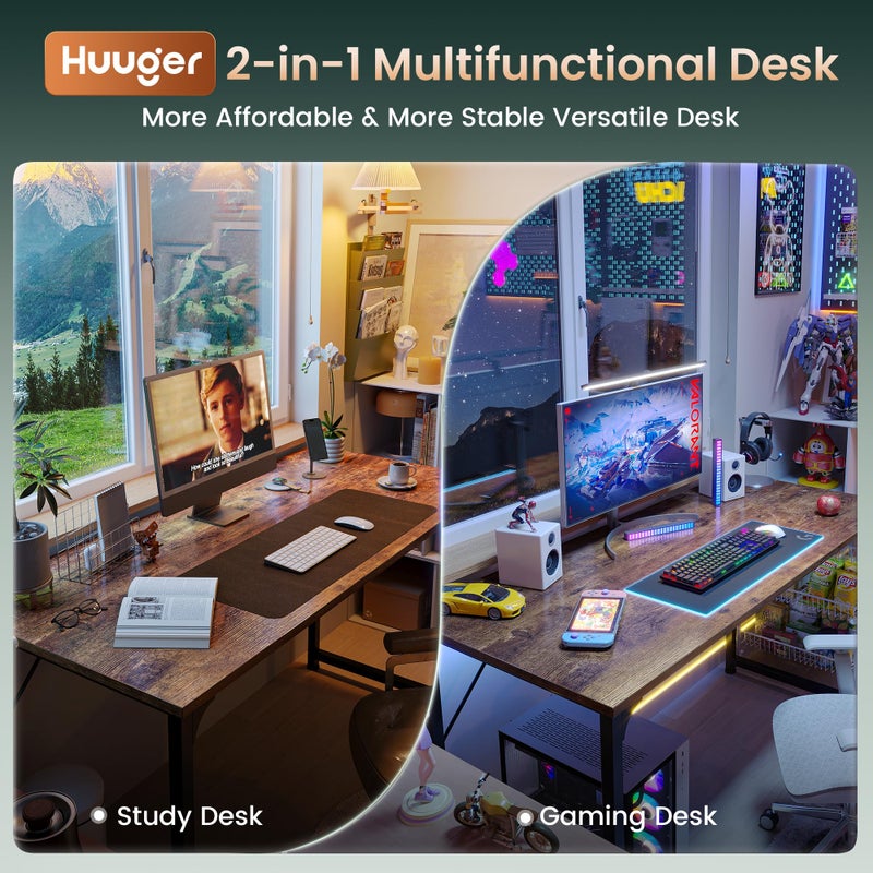 Huuger Computer Desk, 55 Inch Home Office Desk, Gaming Writing Work from Home Study Desk, Large Legroom, Sturdy Metal Frame, Modern Simple, Rustic Brown - Image 2