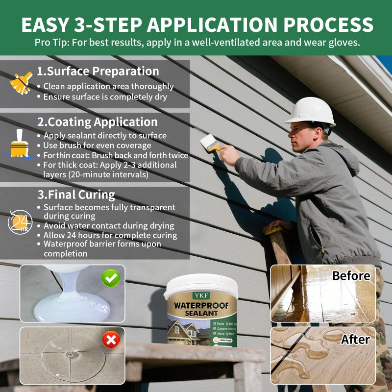 YKF 34oz Clear Transparent Waterproof Sealant, Water-Based Invisible Repairing Leak Agent for Roofs, Walls, Bathroom, Kitchen, Garden, Indoor & Outdoor Waterproof Coating - Image 4