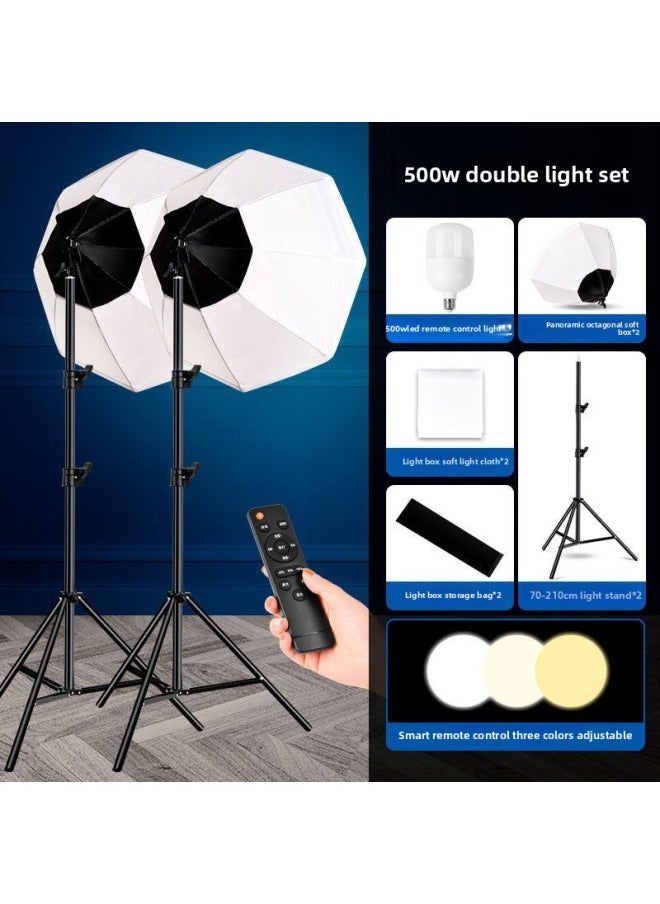 Generic - Panoramic Live Light Supplementing Light Studio Soft Light Box Suit Light Lighting Photography Light Live Room Light Supplementing Light-Light Source Color:Dual Lights [500w Three-color Remote Control Dimming Bulb] + Panoramic Octagonal Soft Box + 2m Pieces - Image 1