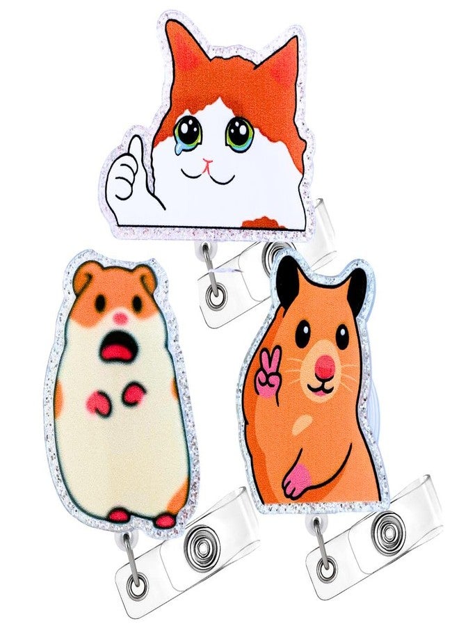 YJ PREMIUMS مجموعة من 3 قطع من بكرات شارات بتصميمات حيوانات مضحكة ولطيفة، تتضمن هامستر وقطة تبكي، قابلة للسحب، مع مشبك لبطاقة الهوية، إكسسوارات للممرضات، لوازم مكتبية مزخرفة، هدايا للممرضات المسجلات والعاملين في مجال الرعاية الصحية والمساعدين الطبيين - Image 1