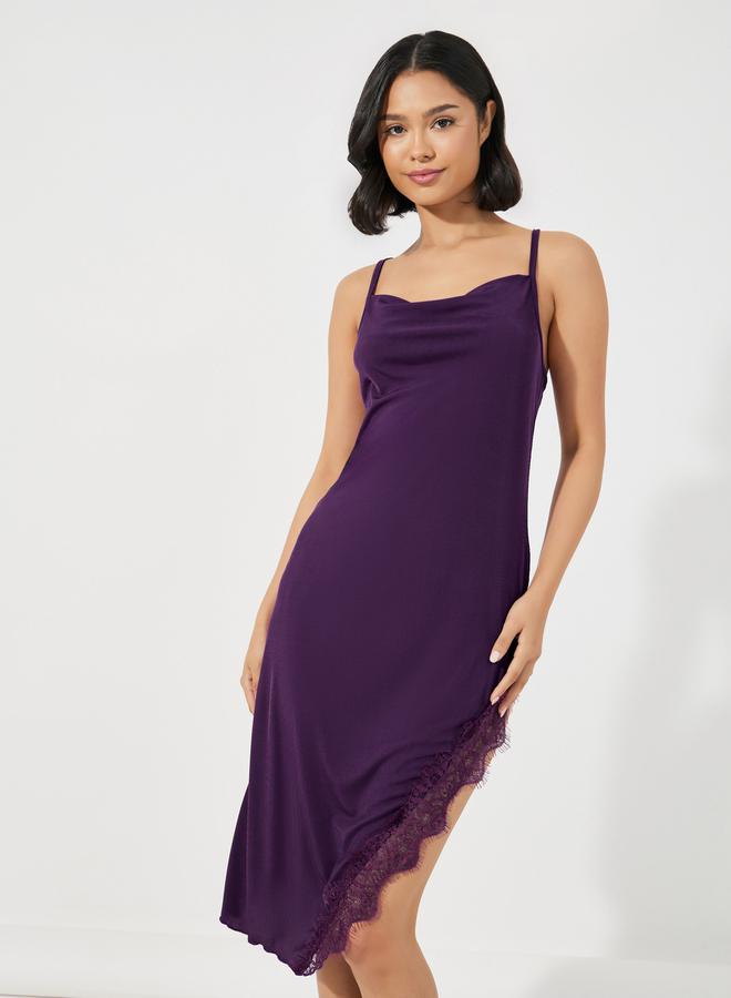 Styli Eyelash Lace Detail Side Split Slip Dress  - Image 2