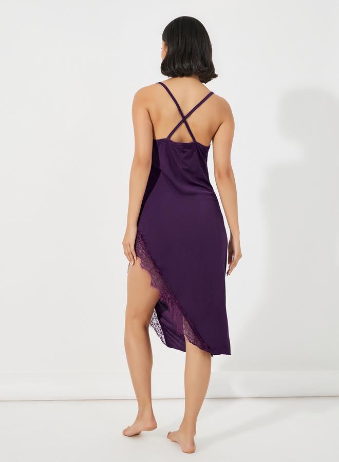 Styli Eyelash Lace Detail Side Split Slip Dress  - Image 4