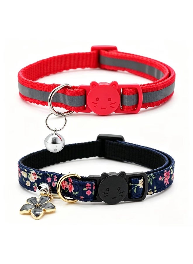 Reflective Red Cat Collar + Navy Blue Floral Cat Collar Bundle | Safety Breakaway Buckle with Bell & Flower Charm, Adjustable for Small Cats & Kittens - Image 1