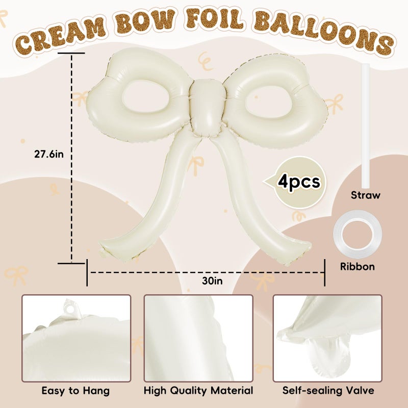 YTHETM 4 Pcs Bow Birthday Decorations Cream Bow Balloons for Girl Women Bow Themed Party Decorations Giant Foil Beige Balloons for Birthday Baby Shower Gender Reveal Wedding Decor Party Supplies - Image 2