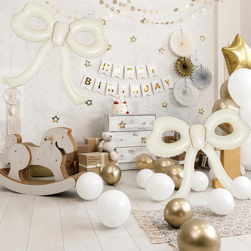 YTHETM 4 Pcs Bow Birthday Decorations Cream Bow Balloons for Girl Women Bow Themed Party Decorations Giant Foil Beige Balloons for Birthday Baby Shower Gender Reveal Wedding Decor Party Supplies - Image 4
