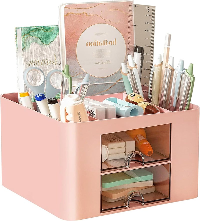 COMFYROOM Desk Organizer with 4 Compartments and 2 Drawers, Pen Holder for Desktop Storage, Makeup Organizer, Desk Organization and Accessories for School, Home, Office Supplies (Pink) - Image 1