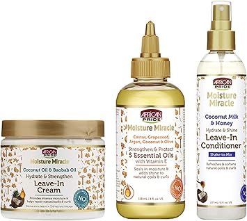 African Pride Moisture Miracle LeaveIn Conditioner LeaveIn Cream And Miracle 5 Essentail Oils For Hair To Strength Protect Set Coconut Oil Honey Chococlate Coconout Oil And Milk - Image 1