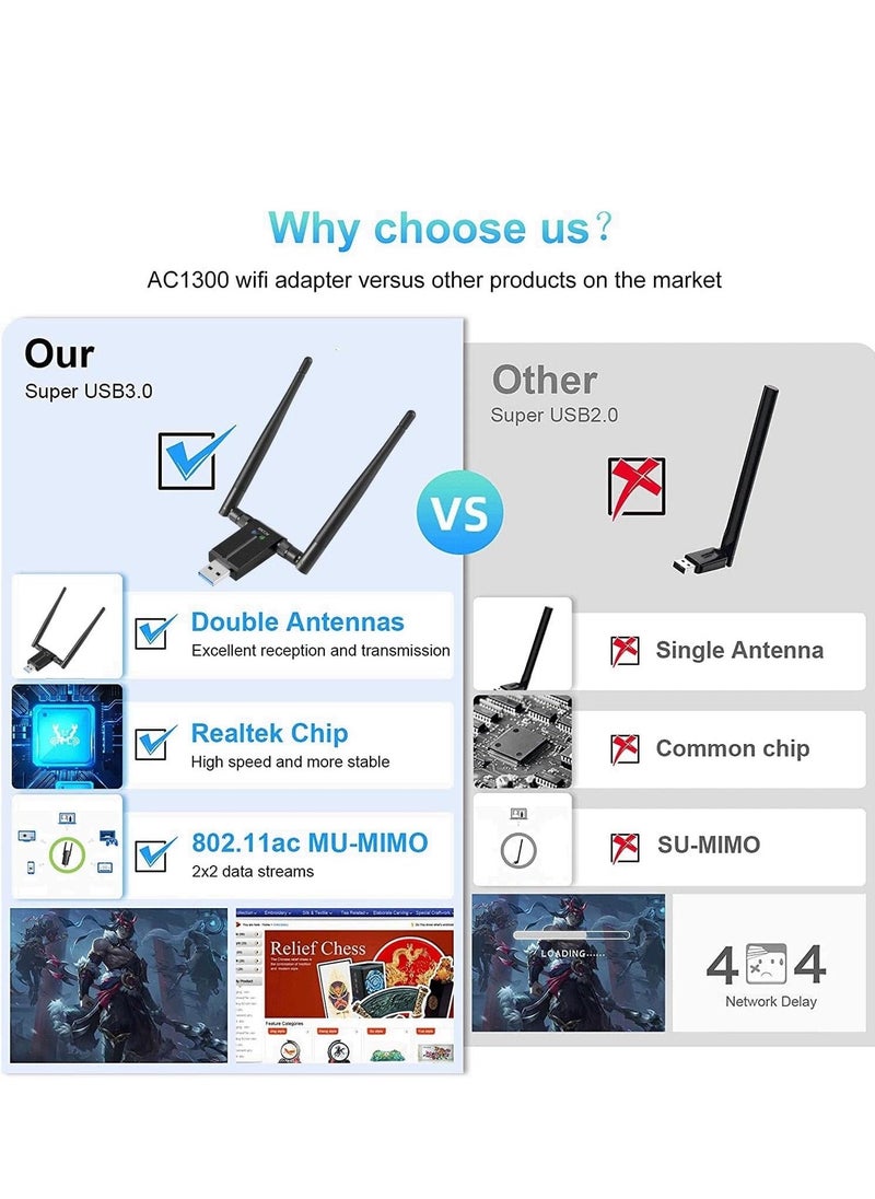Arabest - Wireless USB WiFi Adapter, 1300Mbps Dual-Band WiFi Dongle 2.4G/5G、 Wireless Network Adapter With USB 3.0 Base、 High Gain Antenna And Extension Cable, Suitable For Windows 11/10/8/7 And Mac OS X - Image 1
