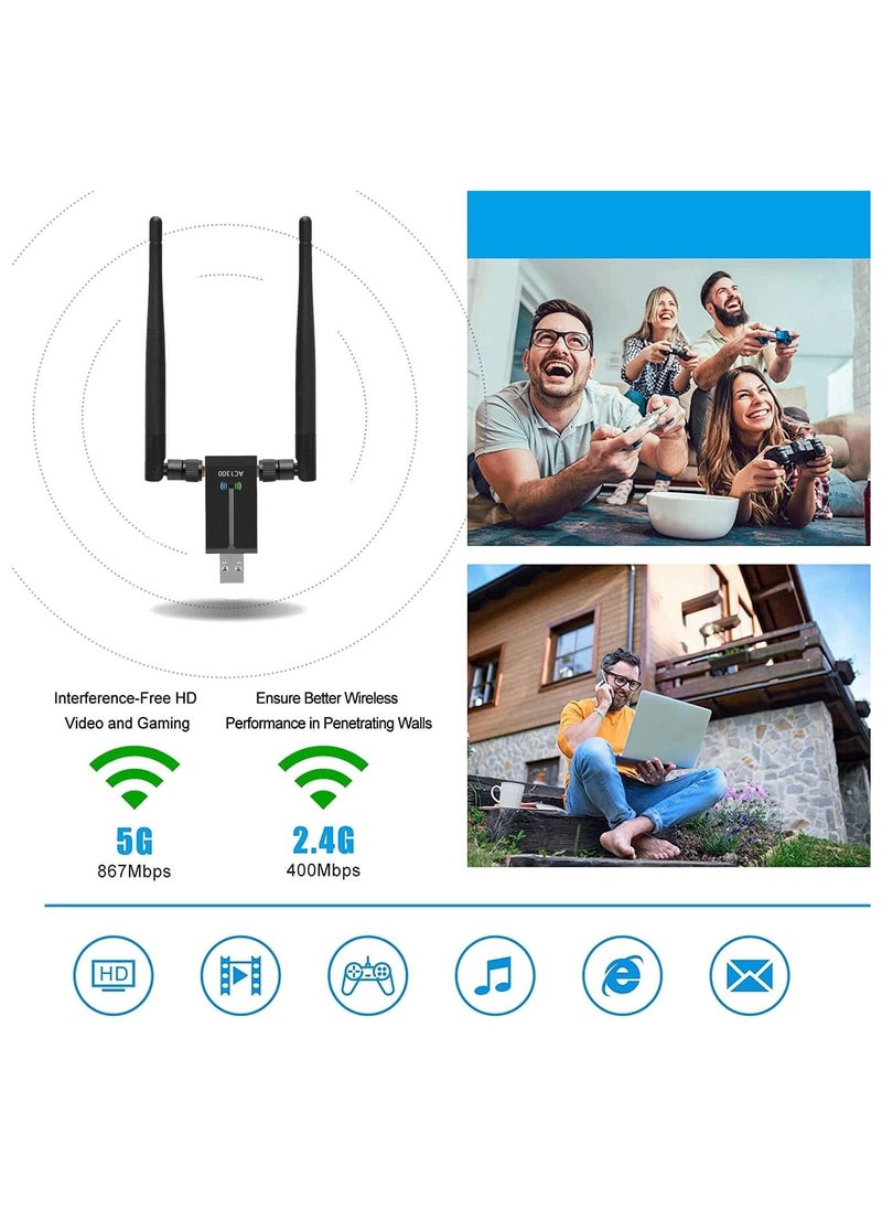 Arabest - Wireless USB WiFi Adapter, 1300Mbps Dual-Band WiFi Dongle 2.4G/5G、 Wireless Network Adapter With USB 3.0 Base、 High Gain Antenna And Extension Cable, Suitable For Windows 11/10/8/7 And Mac OS X - Image 1