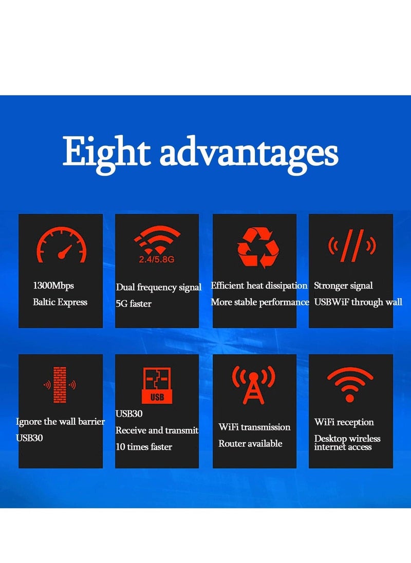 Arabest - Wireless USB WiFi Adapter, 1300Mbps Dual-Band WiFi Dongle 2.4G/5G、 Wireless Network Adapter With USB 3.0 Base、 High Gain Antenna And Extension Cable, Suitable For Windows 11/10/8/7 And Mac OS X - Image 1