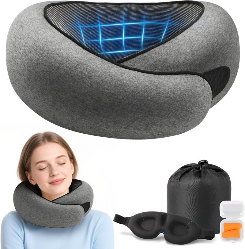 Eworld Advanced Memory Foam Travel Neck Pillow Set with Eye Mask & Ear Plugs, 360° Ergonomic Support, Breathable & Adjustable for Airplane, Office & Home Use (Grey) - Image 1