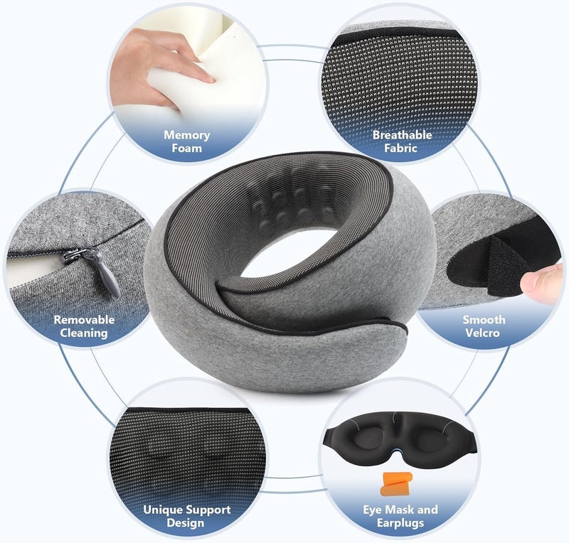 Eworld Advanced Memory Foam Travel Neck Pillow Set with Eye Mask & Ear Plugs, 360° Ergonomic Support, Breathable & Adjustable for Airplane, Office & Home Use (Grey) - Image 5