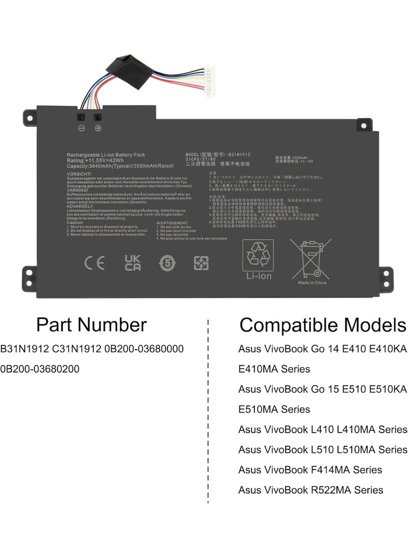 Terabyte بطارية بديلة B31N1912 C31N1912 لجهاز Go 14 E410M E410MA GO 15 E510 E510M E510MA E410KA E510KA L410MA L510MA F414MA R522MA E410KA-EKA 0377WS EE410KA-EK037TS E410MA-BV1312WS E510MA-EJ614 11.55V - Image 2