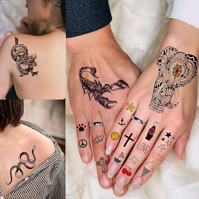 COKTAK 66 Sheets Small Black Animals Temporary Tattoos For Women Men Kids Finger Arm Tiny Space Moon Halloween Tattoo Stickers Adults Teens Girls Boys Hands Fake Tattoos That Look Real And Last Long