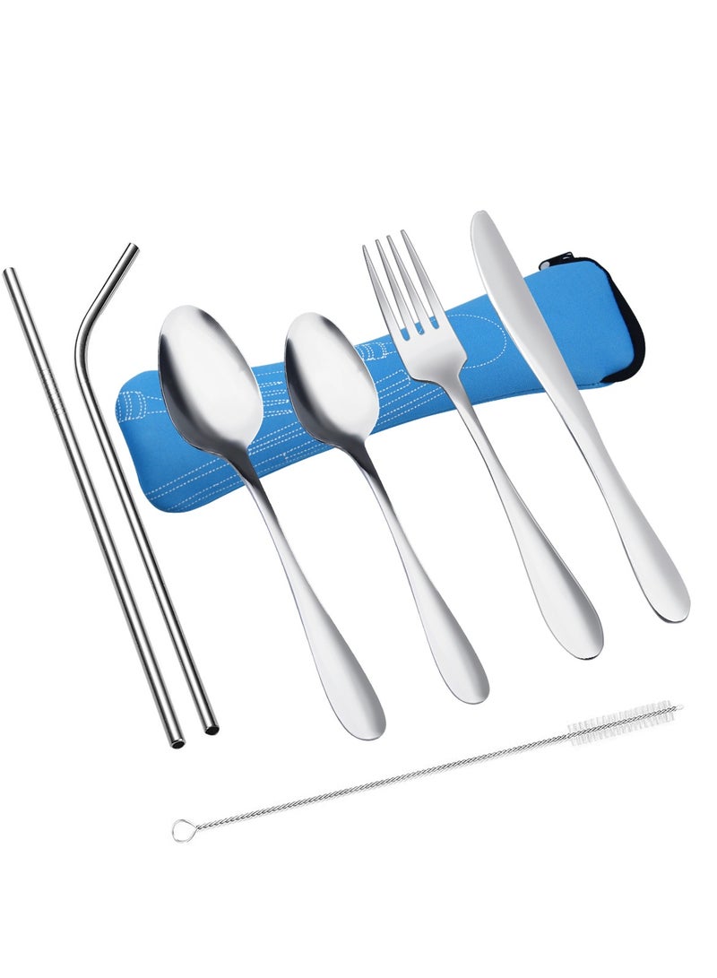 NATUCE 8PCS Camping Cutlery Utensils, Camping Outdoor Utensils, Portable Travel tableware, Stainless Steel Lightweight Cutlery Set, Fork, Spoon, Tea Spoon, Knife, Metal Straws and Brush  - Image 2