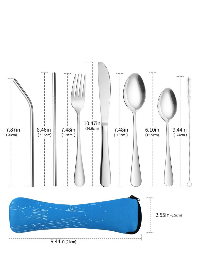 NATUCE 8PCS Camping Cutlery Utensils, Camping Outdoor Utensils, Portable Travel tableware, Stainless Steel Lightweight Cutlery Set, Fork, Spoon, Tea Spoon, Knife, Metal Straws and Brush  - Image 1