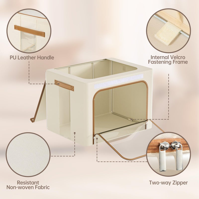 Yecaye Clothes Storage Bins with Metal Frame, Foldable Clothing Storage Bin with Lid, Stackable Oxford Fabric Organizer Box With Clear Window & Zippers & PU Leather Handles (3 Pack,Beige,40L) - Image 4