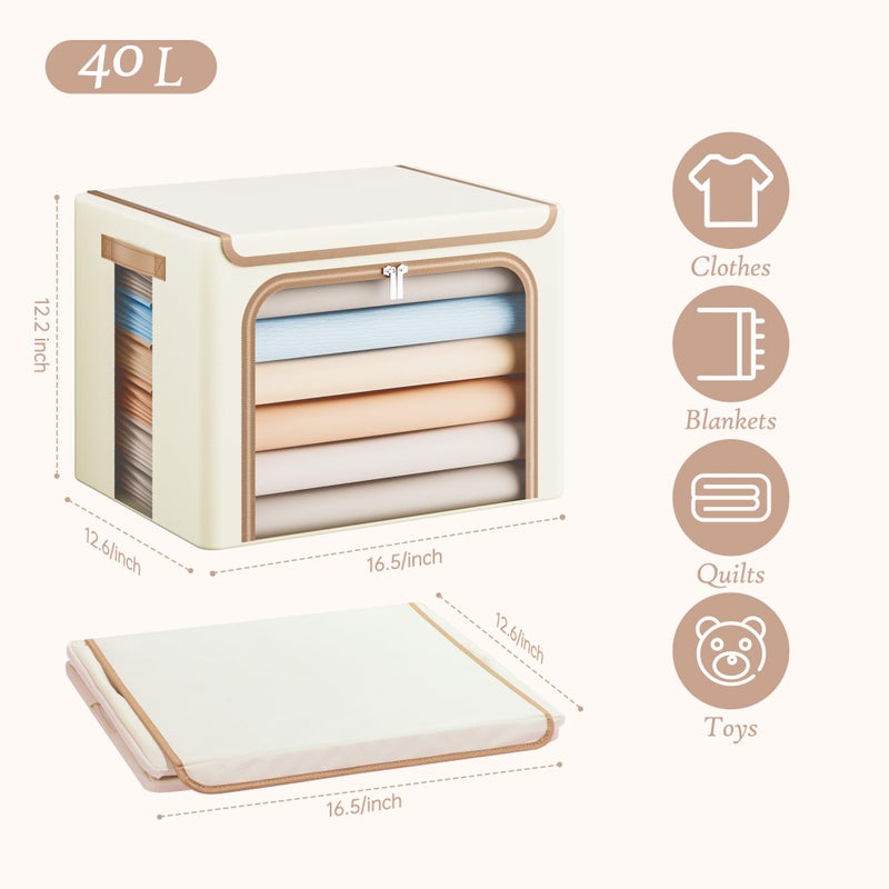 Yecaye Clothes Storage Bins with Metal Frame, Foldable Clothing Storage Bin with Lid, Stackable Oxford Fabric Organizer Box With Clear Window & Zippers & PU Leather Handles (3 Pack,Beige,40L) - Image 2