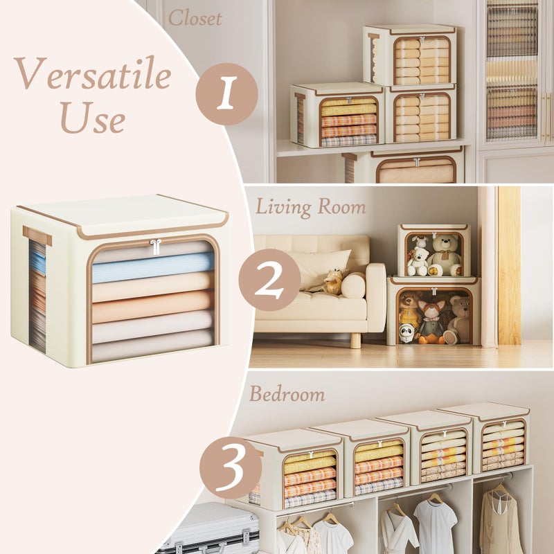 Yecaye Clothes Storage Bins with Metal Frame, Foldable Clothing Storage Bin with Lid, Stackable Oxford Fabric Organizer Box With Clear Window & Zippers & PU Leather Handles (3 Pack,Beige,40L) - Image 5