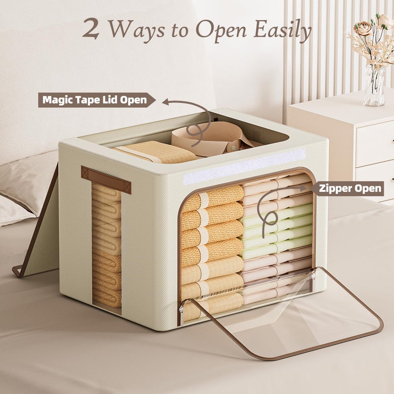 Yecaye Clothes Storage Bins with Metal Frame, Foldable Clothing Storage Bin with Lid, Stackable Oxford Fabric Organizer Box With Clear Window & Zippers & PU Leather Handles (3 Pack,Beige,40L) - Image 3