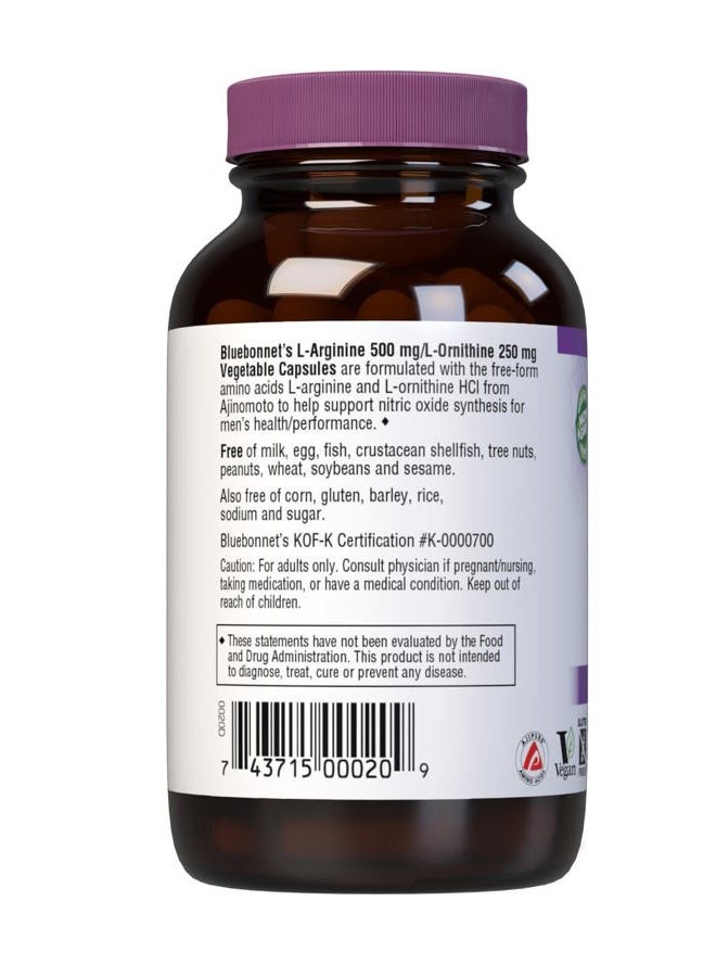 Bluebonnet بلو بونيت للتغذية L-أرجينين 500 ملغ / L-أورنيثين 250 ملغ، يدعم عملية الأيض البروتيني*، خالي من الصويا، خالي من الغلوتين، غير معدل وراثيًا، معتمد كوشير، نباتي، 50 كبسولة نباتية، 50 حصة - Image 3