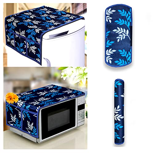 KANUSHI Industries® Fridge Covers/Refrigerator Cover + 2 Pc Handle Cover + 1 Pc Microwave/Oven Cover For Top (Color- Blue)(COPY-FRI+MICRO-BLUE-SMALL-LEVS+2 HANDLE) - Image 1