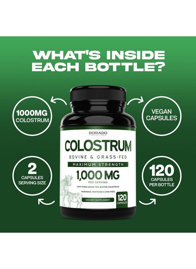 DORADO NUTRITION - Colostrum Supplement (120 Count) 1000mg Per Serving (Bovine Colostrum Capsules from First Milking Only, Std. to Contain 20% IgG Immunoglobulins) - Grass Fed, No Fillers, Third Party Tested - USA Made - Image 1