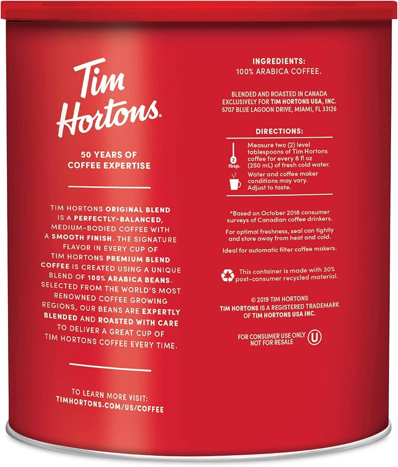 Tim Hortons قهوة تيم هورتونز الأصلية متوسطة التحميص مطحونة - علبة 48 أونصة - Image 2