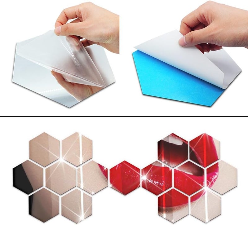 HFR Hexagon Acrylic Mirror Wall Decor Stickers 7Pcs, Shatterproof Reflective DIY Mirrors - Multi-Color & Multi-Piece Sets (Silver) - Image 2