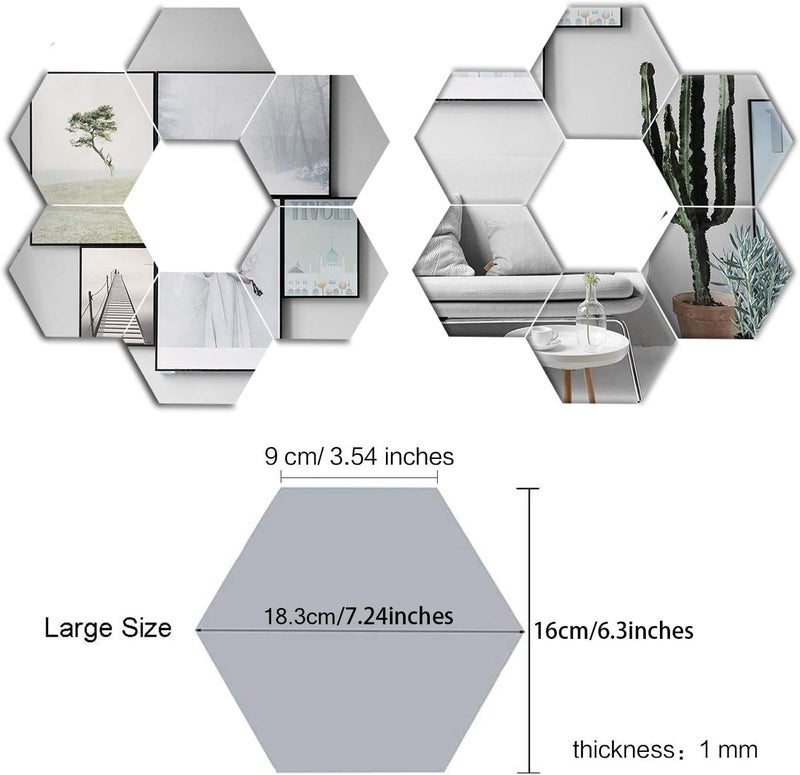 HFR Hexagon Acrylic Mirror Wall Decor Stickers 7Pcs, Shatterproof Reflective DIY Mirrors - Multi-Color & Multi-Piece Sets (Silver) - Image 3