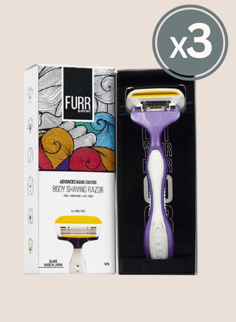 Furr Furr Body Shaving Razor For Women, Equipped with Vitamin E & Aloe Vera Pad, Advanced Nano coated, reusable for all skin types, Made in Japan - Pack of 3  - Image 1