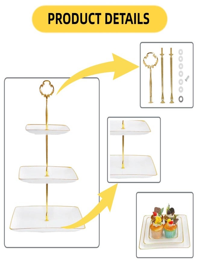 RAUVOLFIA 2 Pack 3 Tier Cupcake Stand with Gold Rim, Plastic Tiered Serving Stand, Dessert Tower Tray for Tea Party, Baby Shower and Wedding, Square - Image 3