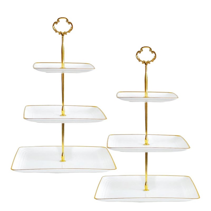RAUVOLFIA 2 Pack 3 Tier Cupcake Stand with Gold Rim, Plastic Tiered Serving Stand, Dessert Tower Tray for Tea Party, Baby Shower and Wedding, Square - Image 1