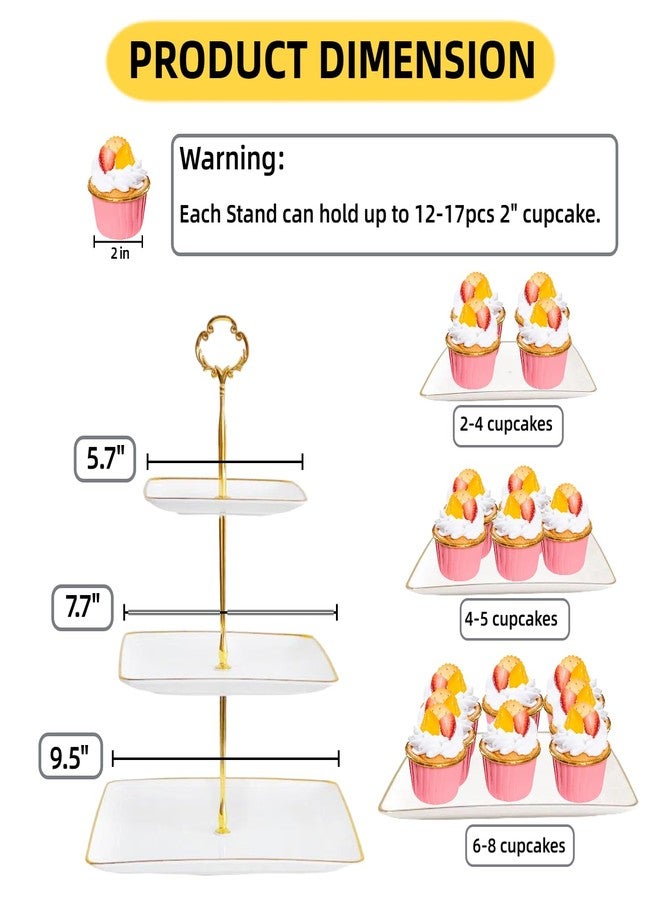 RAUVOLFIA 2 Pack 3 Tier Cupcake Stand with Gold Rim, Plastic Tiered Serving Stand, Dessert Tower Tray for Tea Party, Baby Shower and Wedding, Square - Image 2