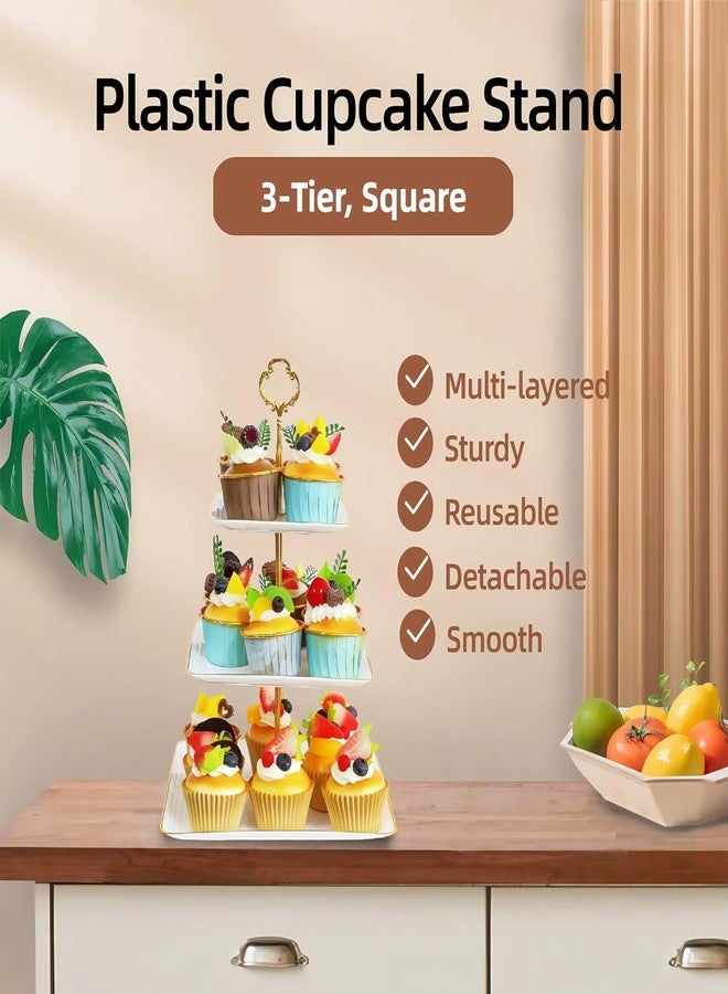 RAUVOLFIA 2 Pack 3 Tier Cupcake Stand with Gold Rim, Plastic Tiered Serving Stand, Dessert Tower Tray for Tea Party, Baby Shower and Wedding, Square - Image 5