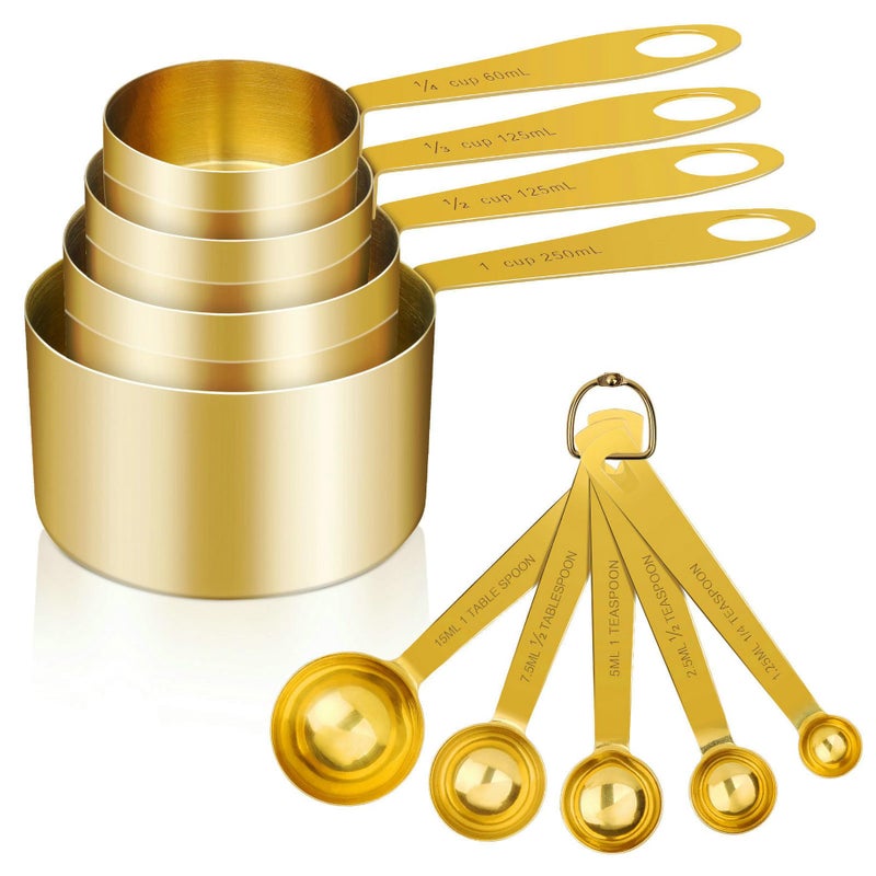 Cuteefun Measuring Cups and Spoons Set of 9 Stainless Steel Handle with Metric and US Measurements Golden Polished Finish Dry  Liquid Ingredient Measuring Cup for Baking and Cooking Gold