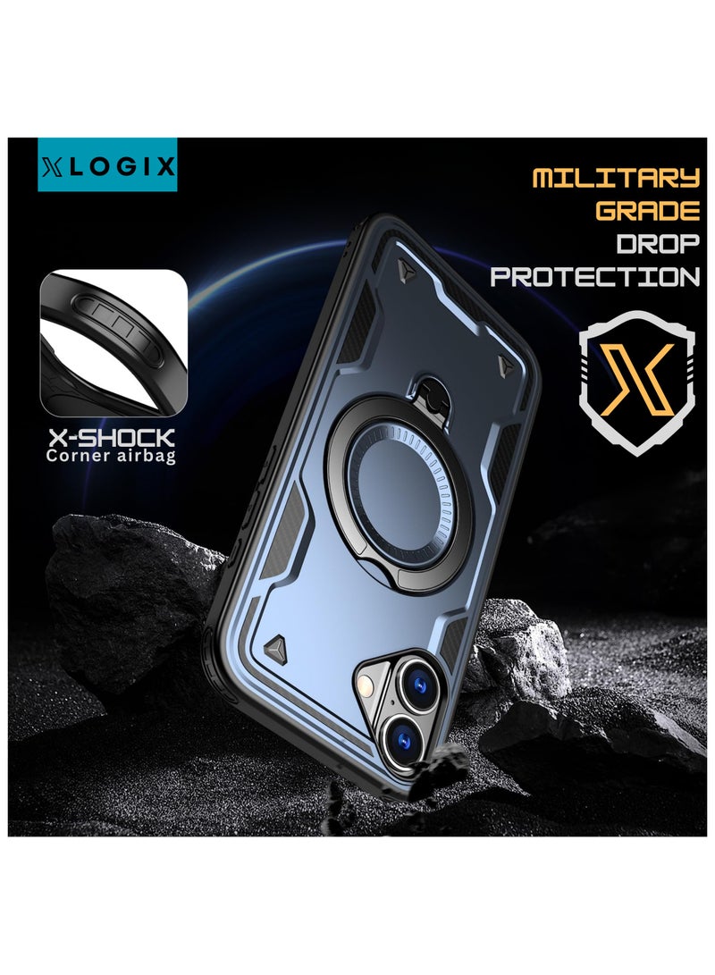 XLogiX for iPhone 16 Armoured Case with Built-in Kickstand | Heavy-Duty Protection | Shockproof | Slim Design | Compatible with MagSafe Accessories, ArmourX Series for iPhone 16 - BLUE - Image 2