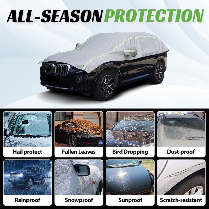 COVERRA Half Car Cover Snow, Windshield & Sunroof Cover for Ice and Snow with Green Reflective Strip, Hail Protector Car Cover Waterproof All Weather for Snow, Sun, Rain, Dust, Fit Sedan Universal - Image 3