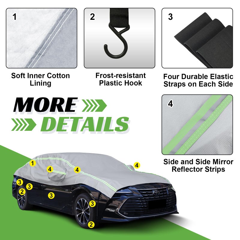 COVERRA Half Car Cover Snow, Windshield & Sunroof Cover for Ice and Snow with Green Reflective Strip, Hail Protector Car Cover Waterproof All Weather for Snow, Sun, Rain, Dust, Fit Sedan Universal - Image 4