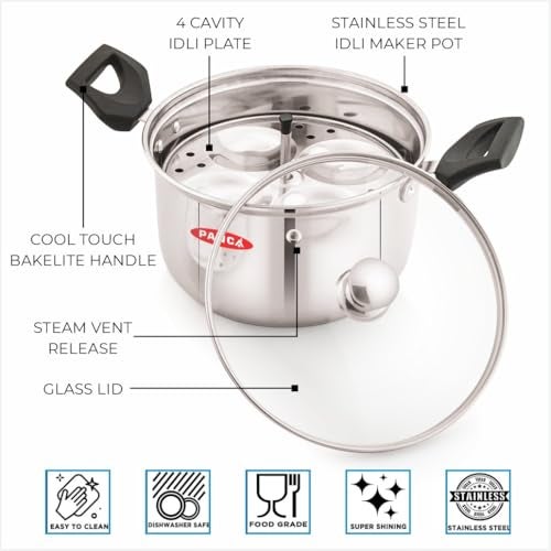 PANCA Stainless Steel Idli Cooker with Glass Lid | 4 Plate Idli Maker Steamer for Soft & Fluffy Idlis | Heavy Duty Steel Idly Pot | Induction & Gas Compatible Multi-Kadai - Image 4