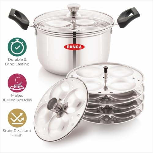 PANCA Stainless Steel Idli Cooker with Glass Lid | 4 Plate Idli Maker Steamer for Soft & Fluffy Idlis | Heavy Duty Steel Idly Pot | Induction & Gas Compatible Multi-Kadai - Image 3